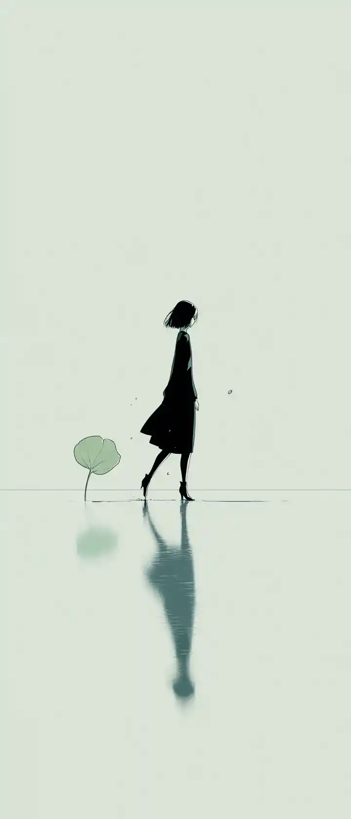 Figura minimalista em linha caminhando rumo a um horizonte branco infinito