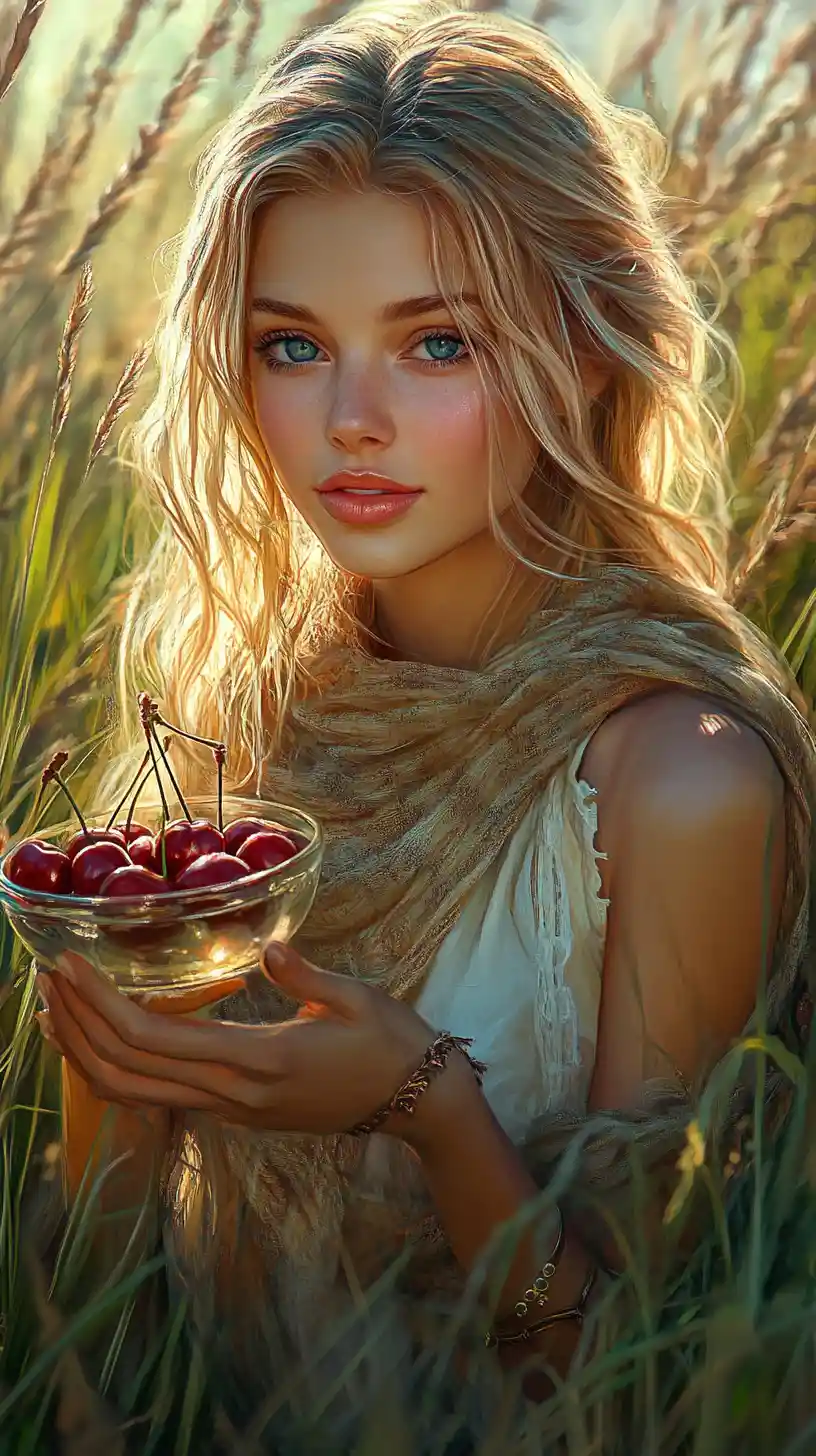Fantasy portrait of a smiling woman with cherries