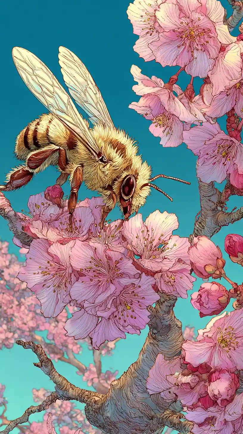 Furry bee pollinating cherry blossom on spring tree