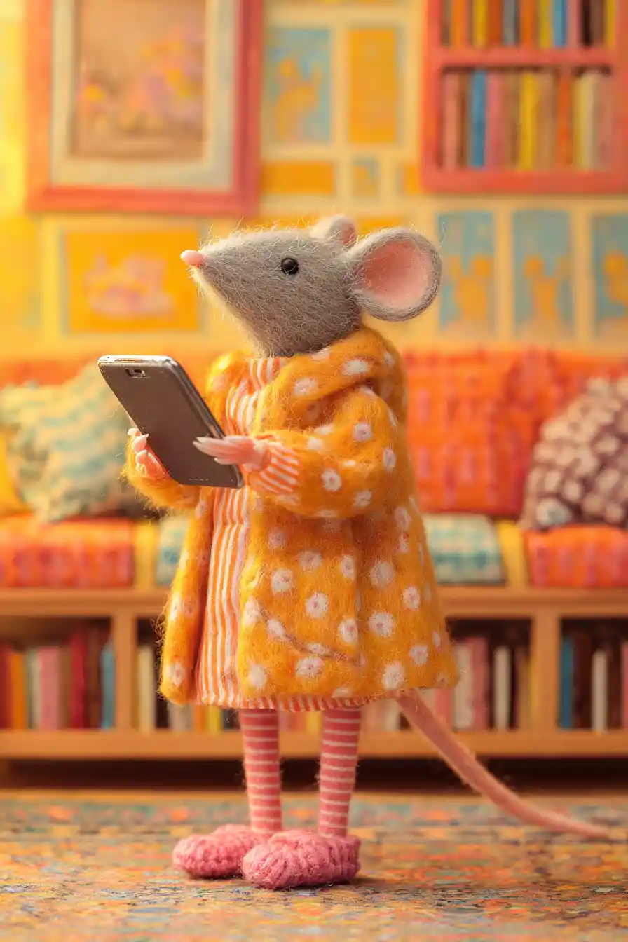 Needle felted mouse shopping fashion on a tablet