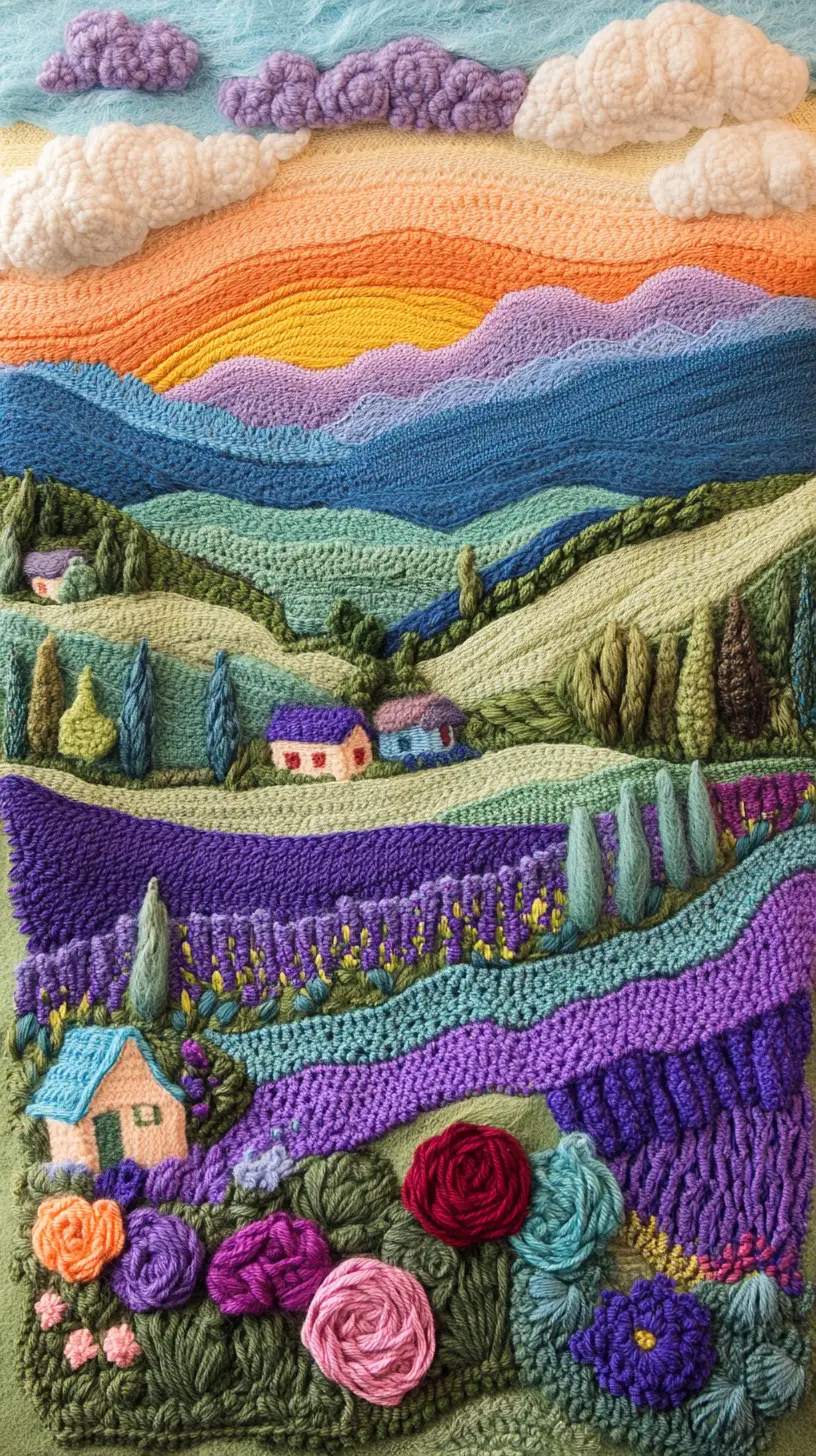 Crocheted lavender landscape with yarn cottages at sunset