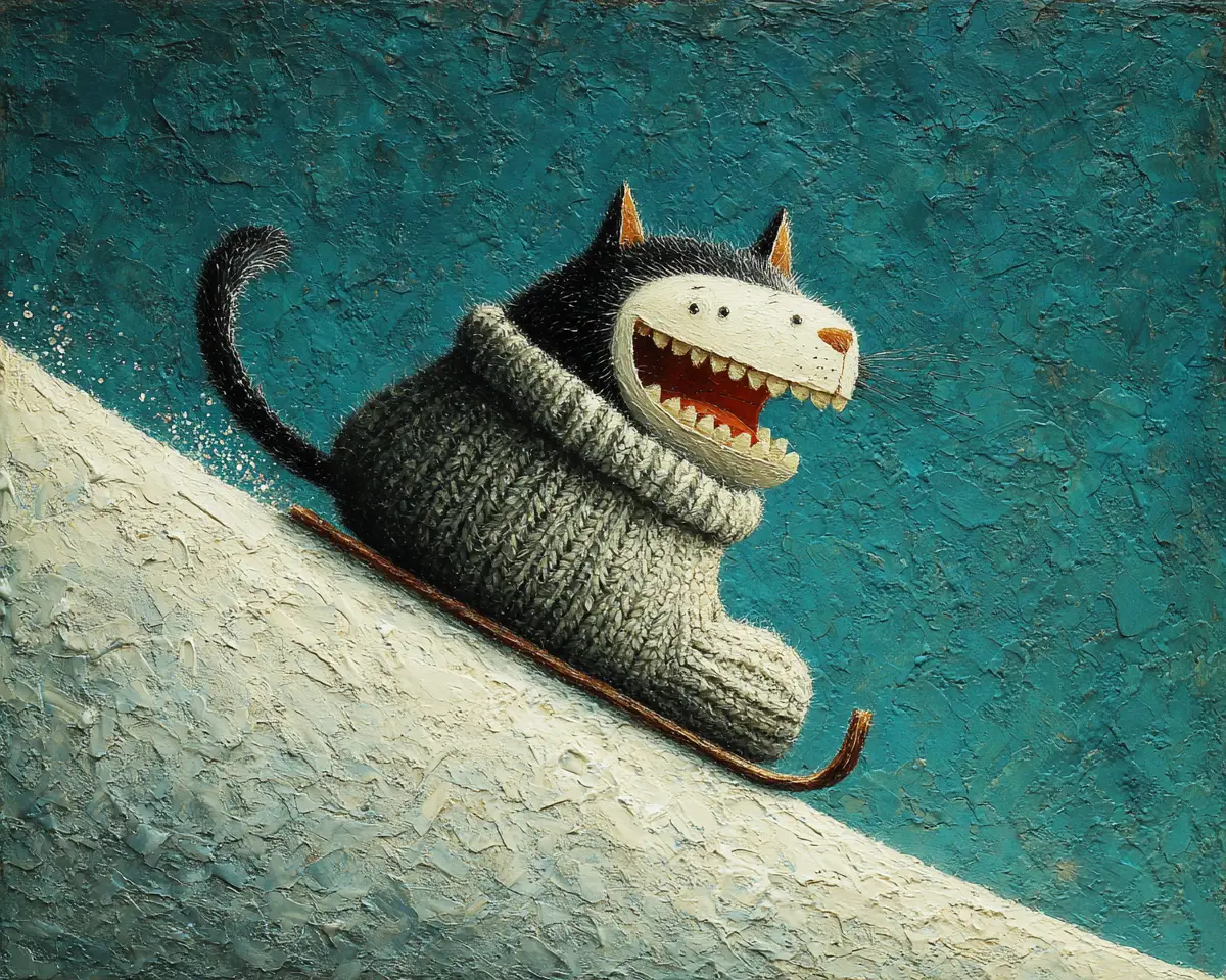 Cat sliding down snowy hill in woolen sock collage