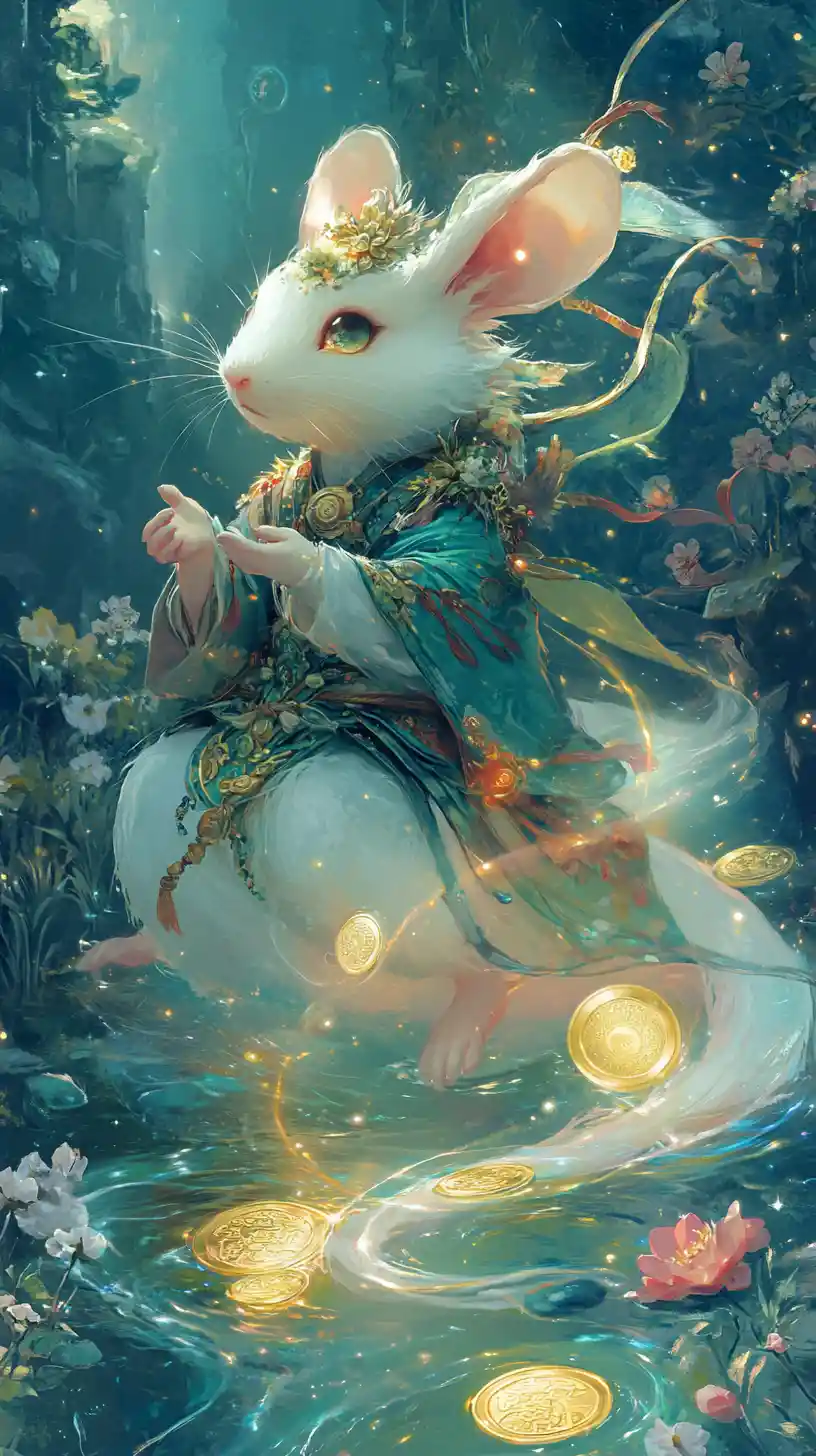 Souris anthropomorphe chevauchant un qilin brumeux au-dessus d’une rivière lumineuse