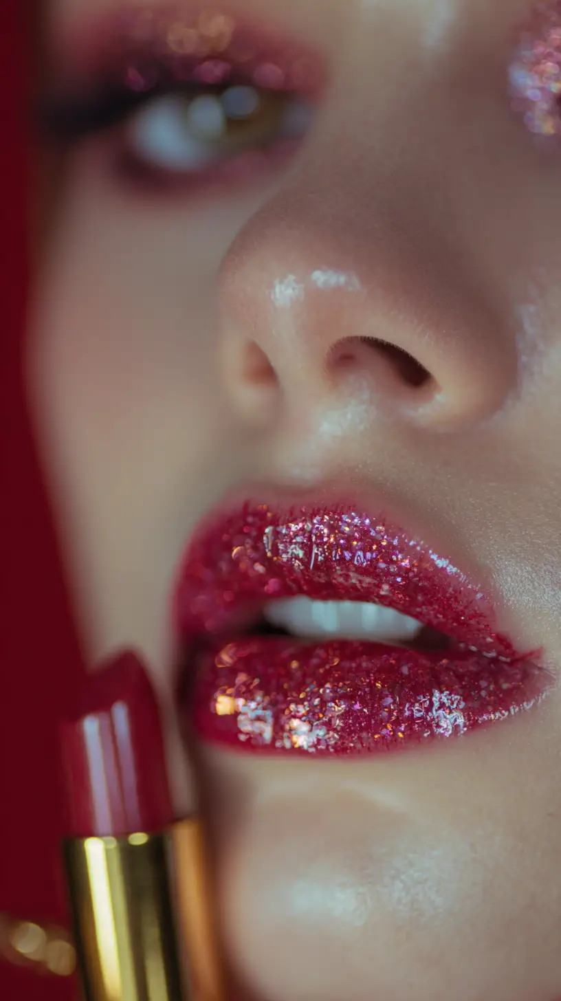 Close-up of shimmering, glittery red lips next to a gold lipstick tube.