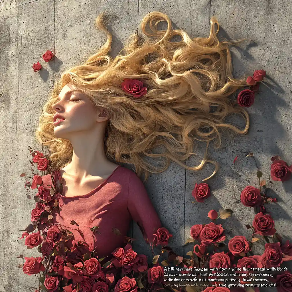 Resilient woman emerging from concrete into blooming roses