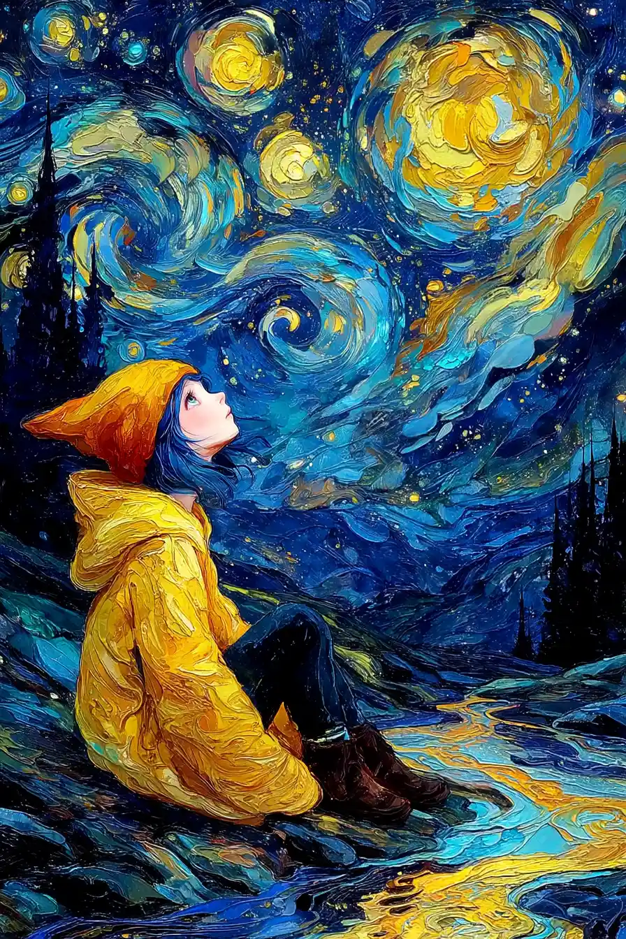 Cute gnome girl by a forest stream under night sky