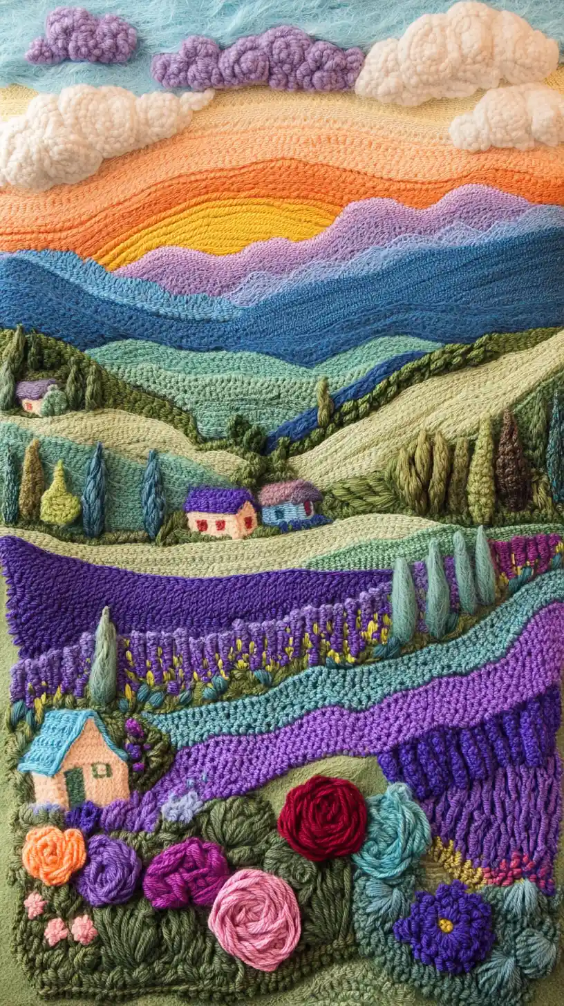 Crocheted lavender landscape with yarn cottages at sunset