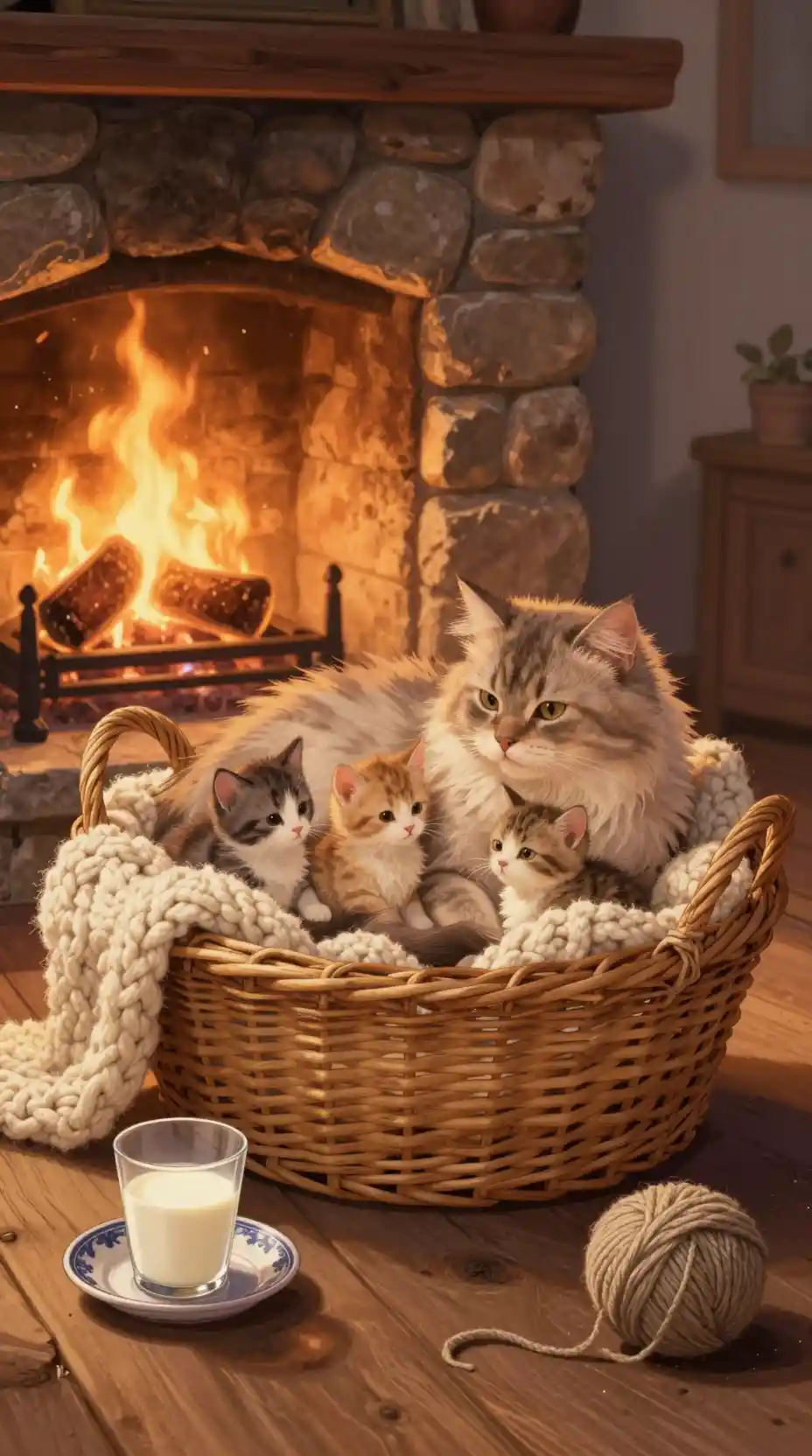 Mother cat cuddling kittens by a cozy fireplace
