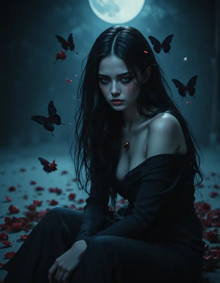 Sad woman with dark hair in moonlit indoor scene