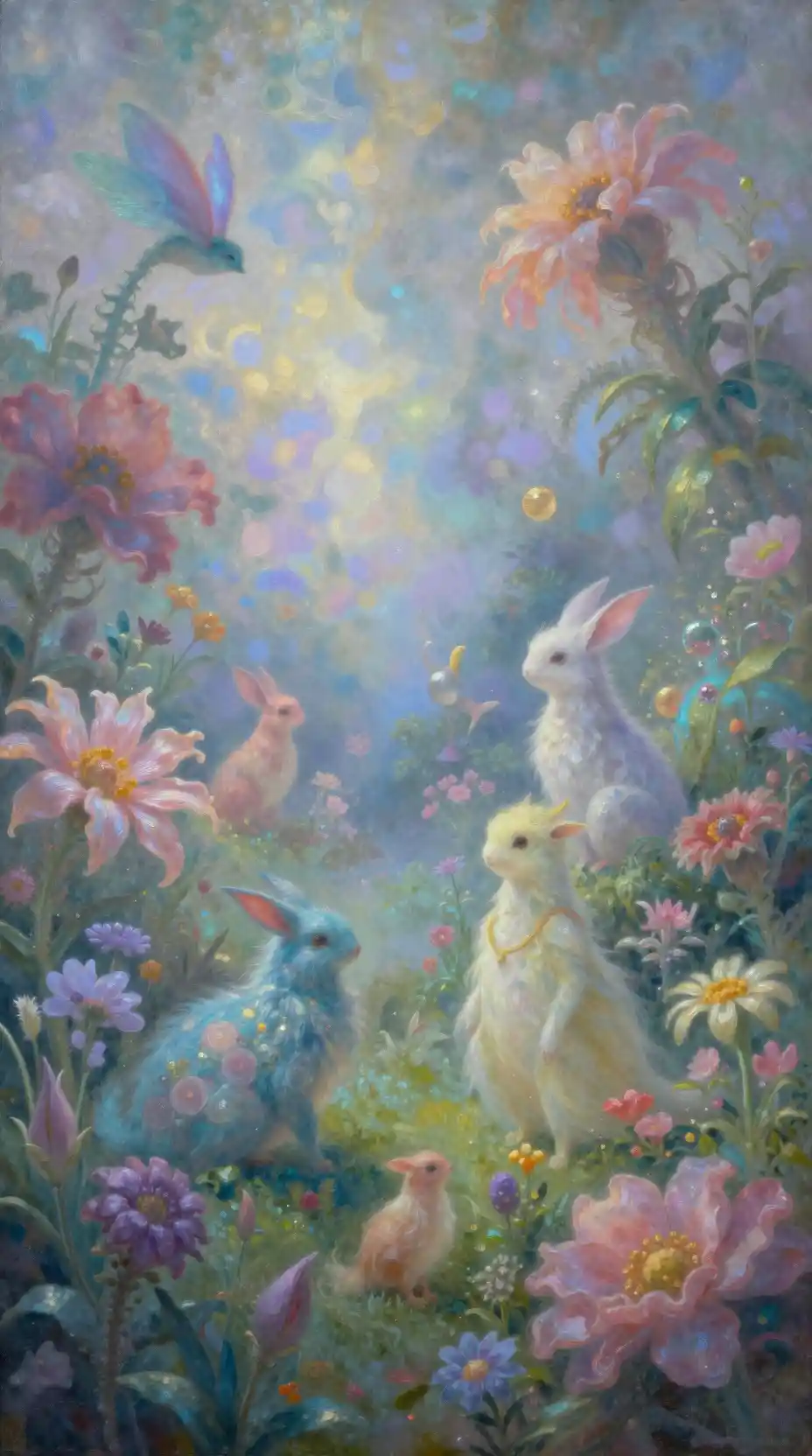 Giardino celestiale di flora surreale nella foschia scintillante