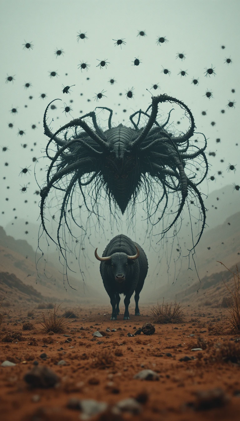 Mutant swarm attacking a lone steer on barren red plain
