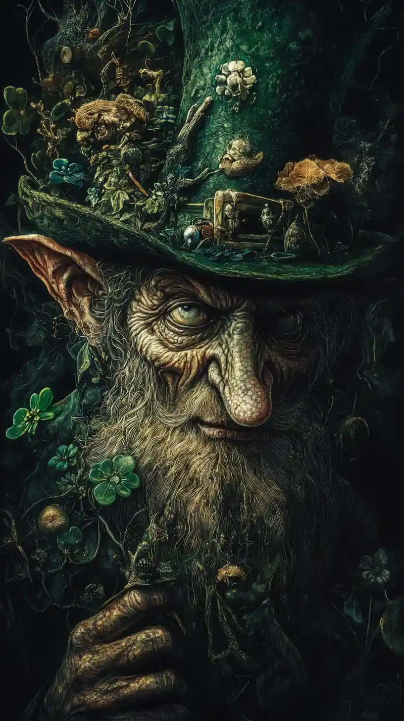 Leprechaun surreal em um cenário sombrio de fantasia de conto de fadas