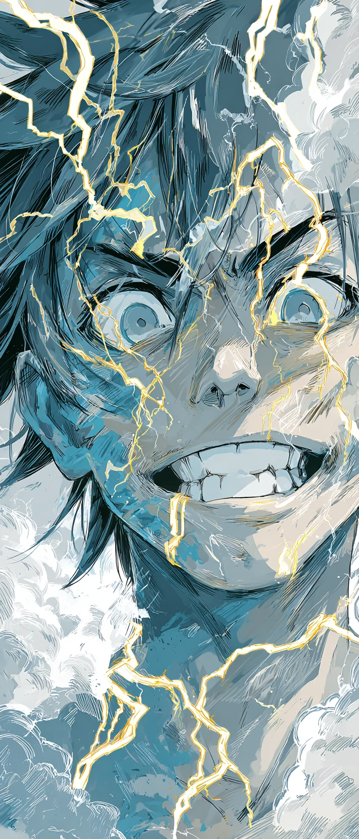 Electric anime boy portrait with storm fused features