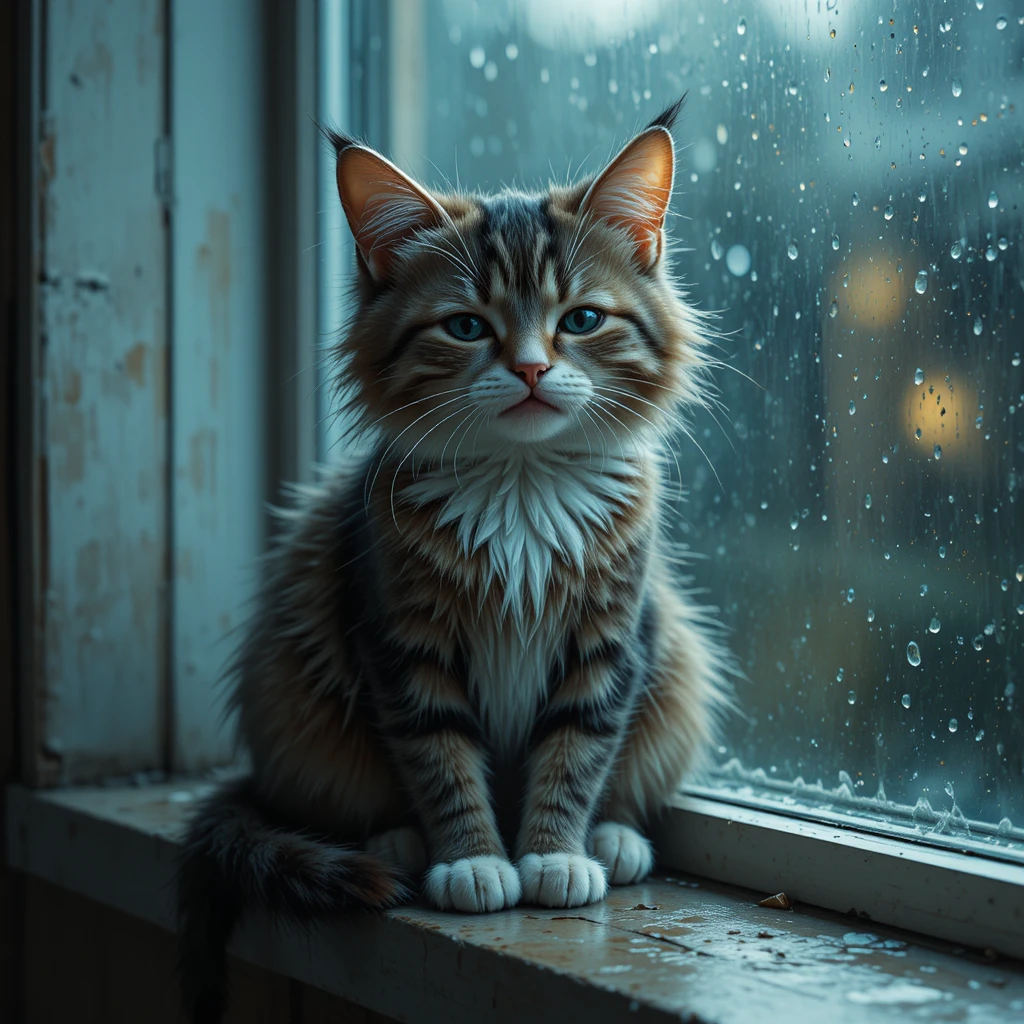 Gato triste en el alféizar de una ventana lluviosa con suaves reflejos