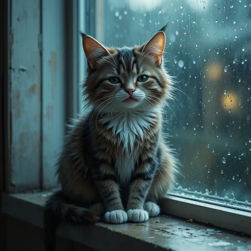 Gato triste en el alféizar de una ventana lluviosa con suaves reflejos