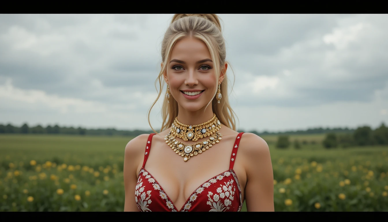 Smiling blonde woman in red dress on grassy field