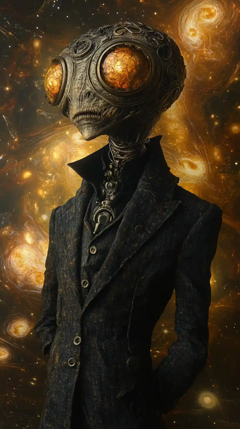 Humanoide steampunk grotesco em caos cósmico em espiral