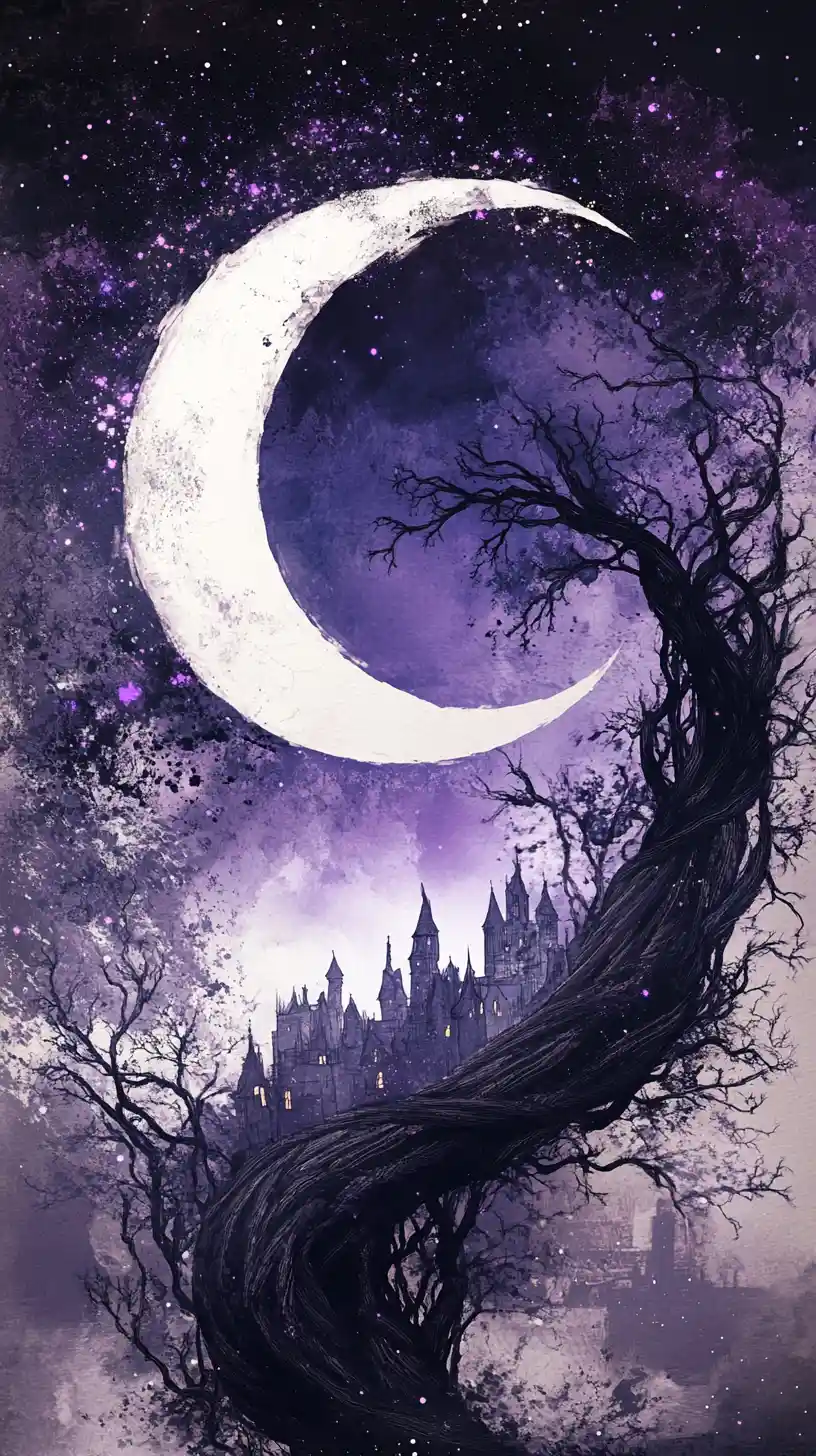 Surreal Crescent World With Gothic Castle And Moonlit Sky