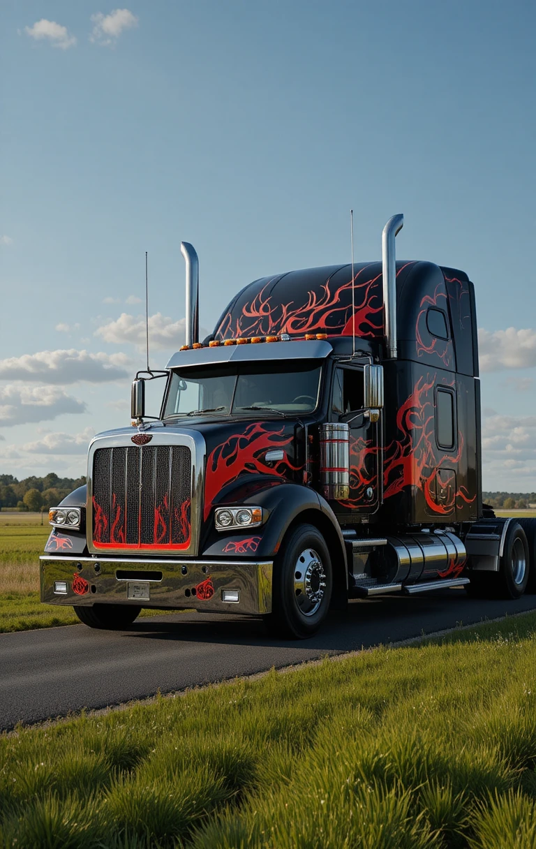Black semi truck with red flames on quiet country road