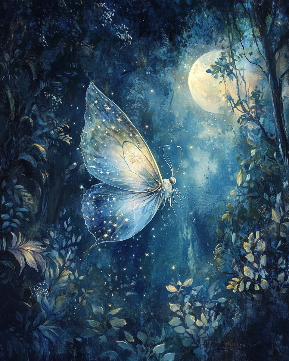 Radiante espíritu de polilla lunar danzando en un bosque encantado