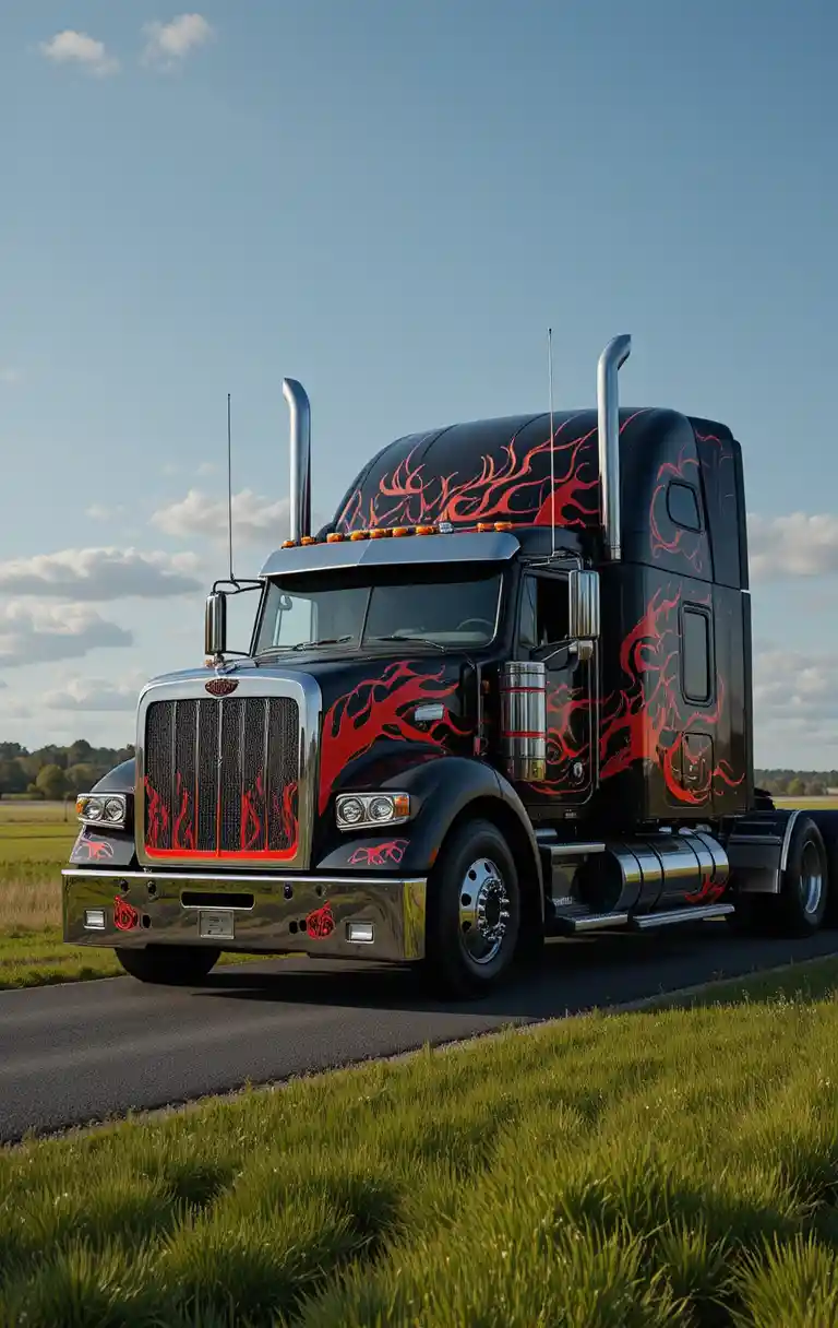 Black semi truck with red flames on quiet country road