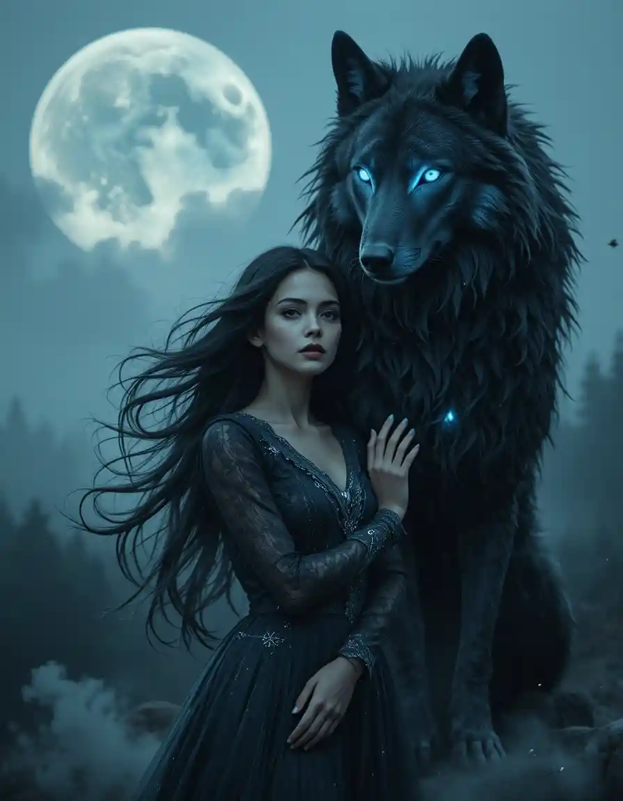 Melancholic woman with dire wolf under a ghostly moon