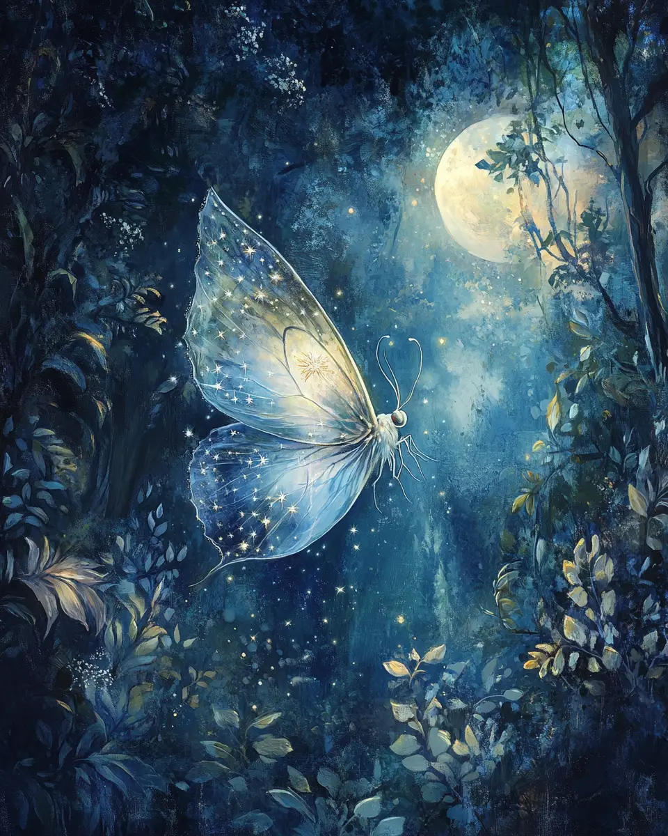 Radiant moon moth spirit dancing in enchanted forest