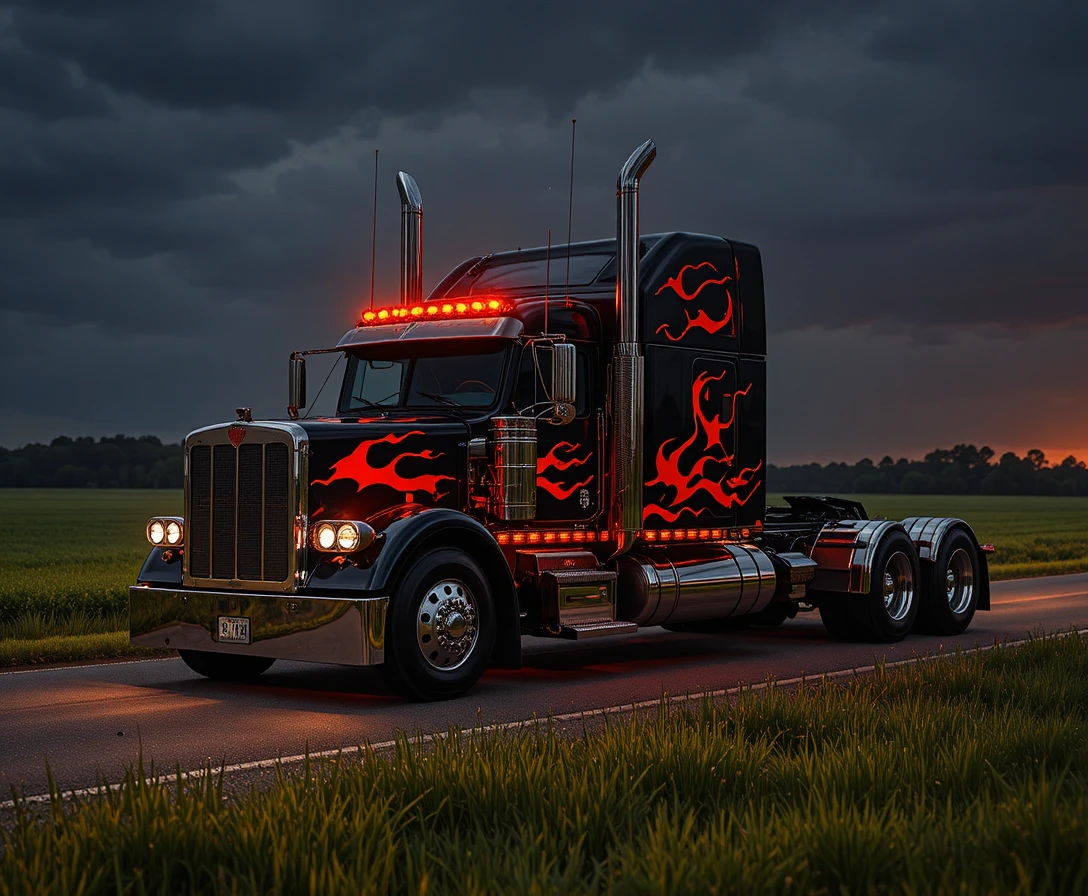 Black semi truck with red flames parked on country road at night