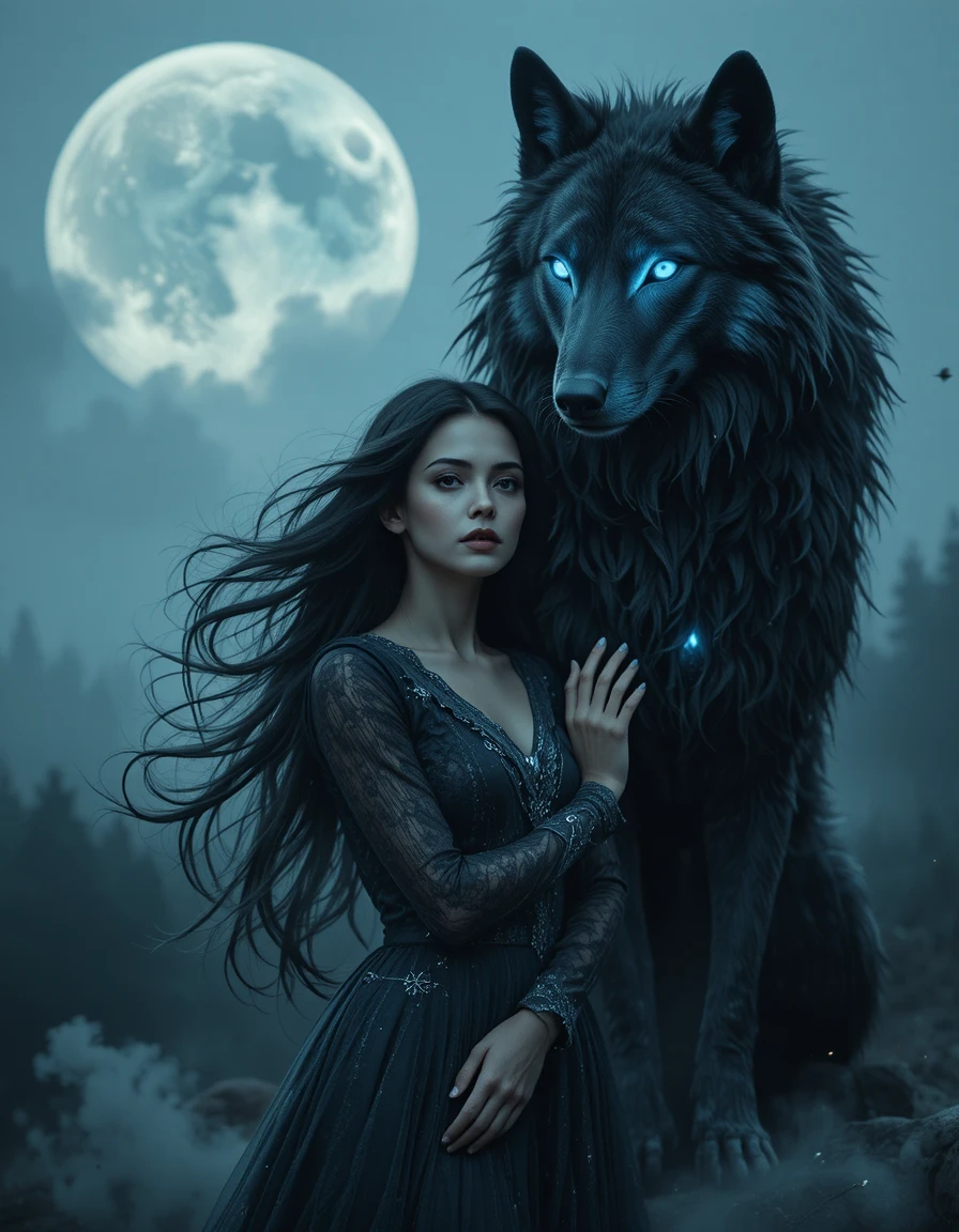 Melancholic woman with dire wolf under a ghostly moon