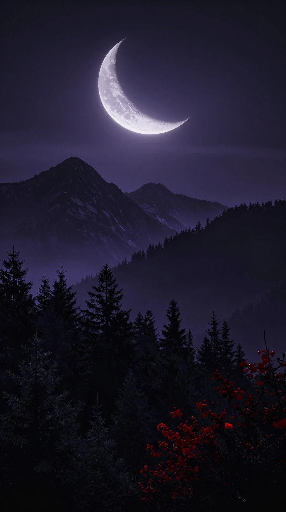 Paisaje montañoso oscuro bajo una luna creciente gigante