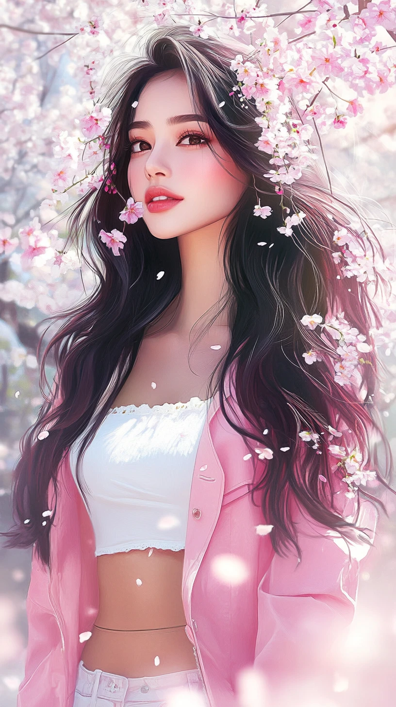 Asian girl under cherry blossoms in spring meadow