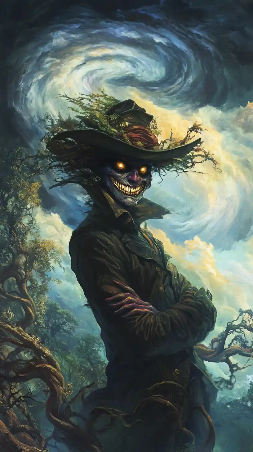 Surreal bandit woman under a swirling dreamlike sky