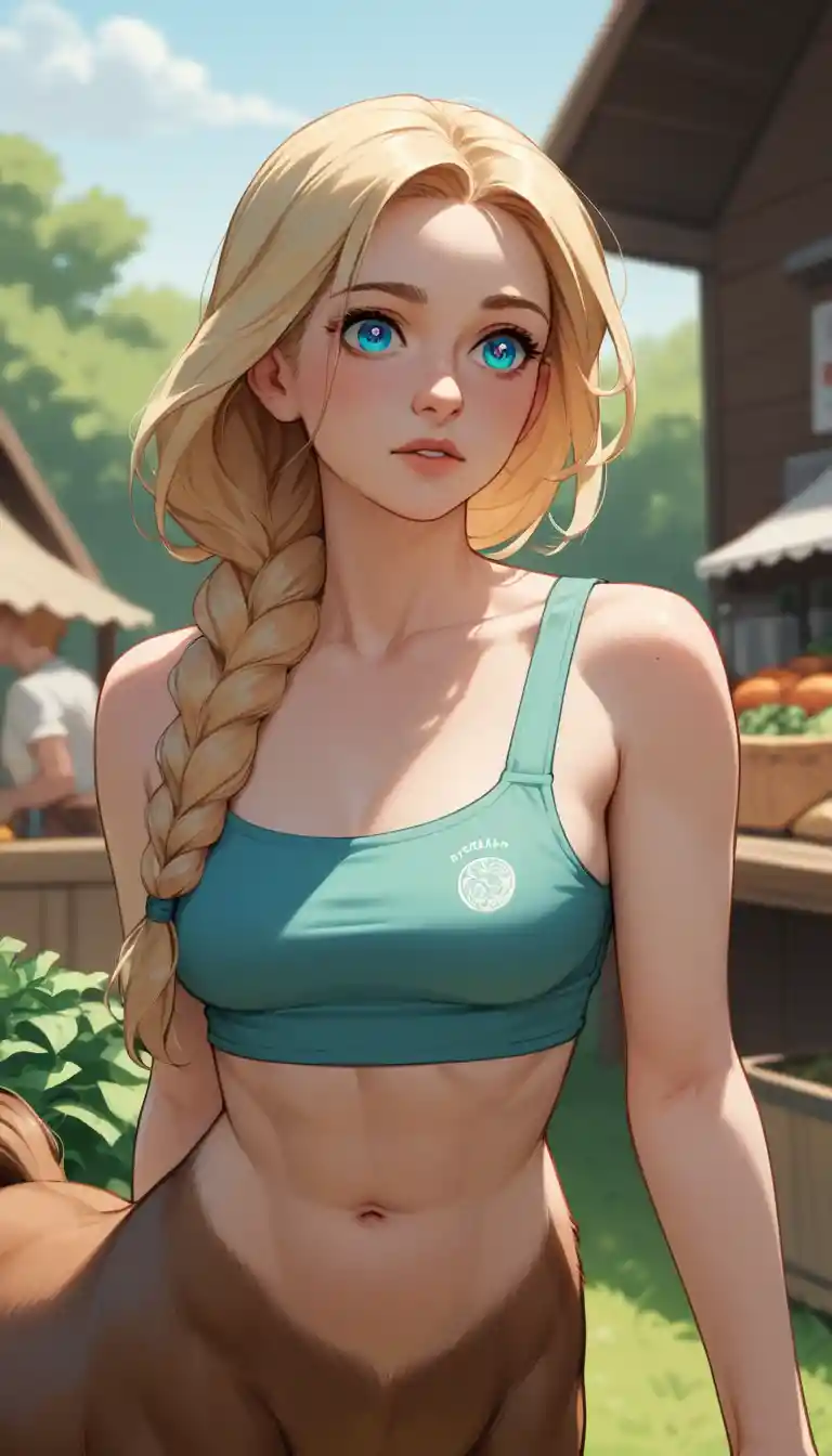 Confident centaur woman at a bustling farmers market stand