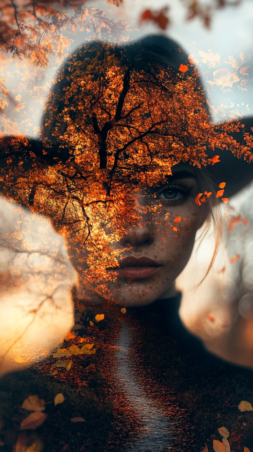 Femme surréaliste en double exposition fusionnée avec une forêt d’automne