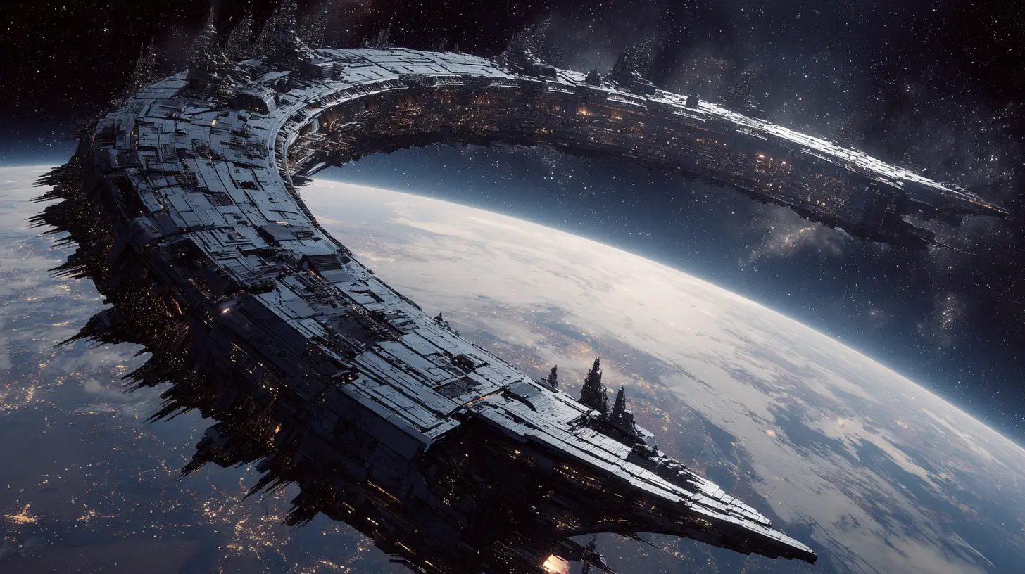 Gigantic horseshoe spaceship firing a planet destroying beam