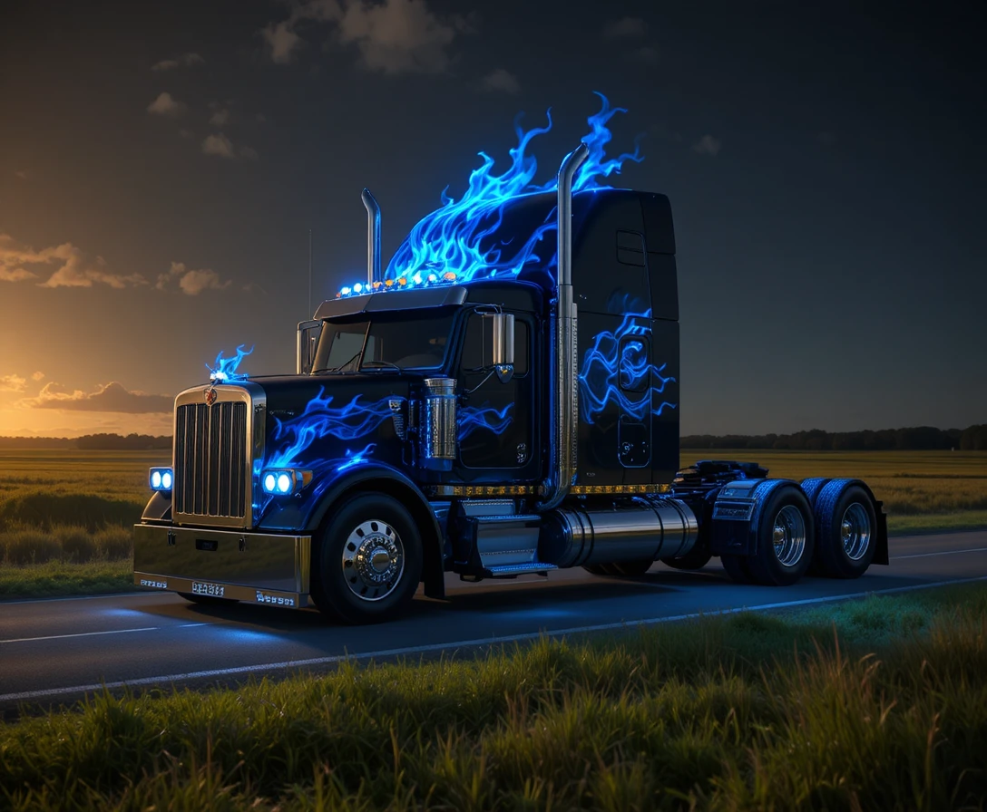 Black semi truck with glowing blue flames at night