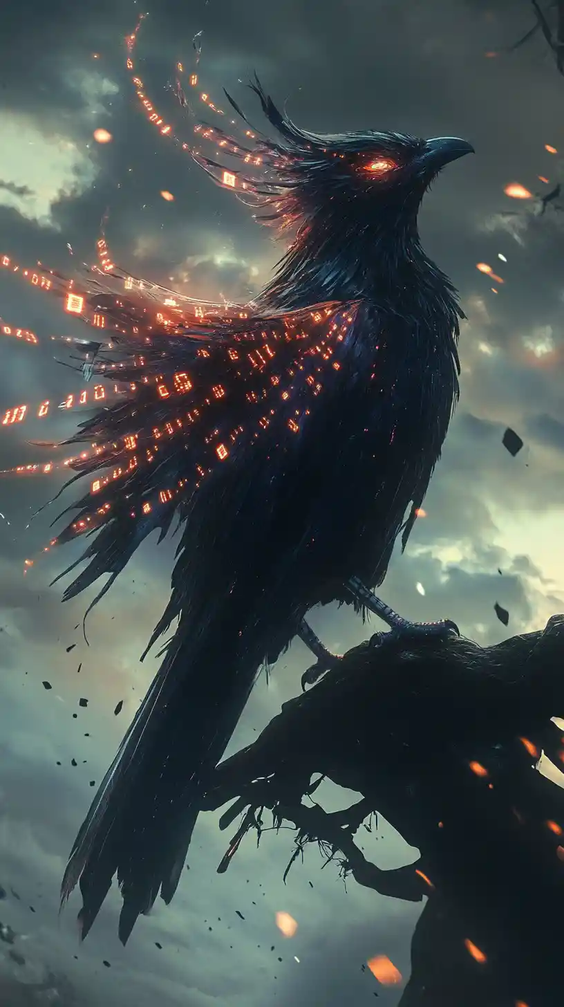 Uccello al neon futuristico posato sotto un cielo digitale tempestoso