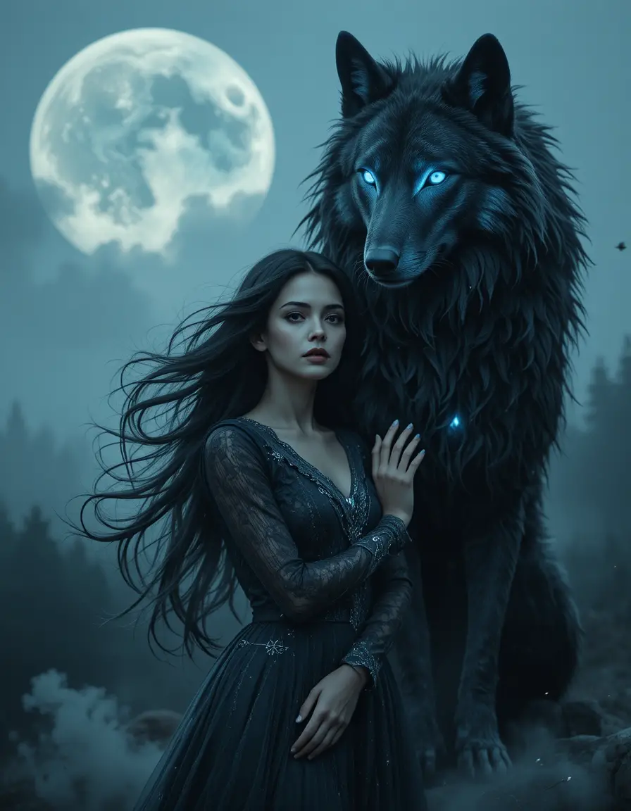 Melancholic woman with dire wolf under a ghostly moon