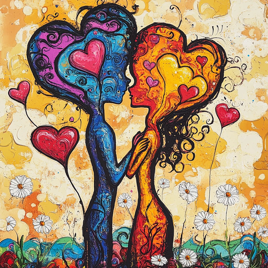 Naive seaside love illustration with hearts and tiny couple