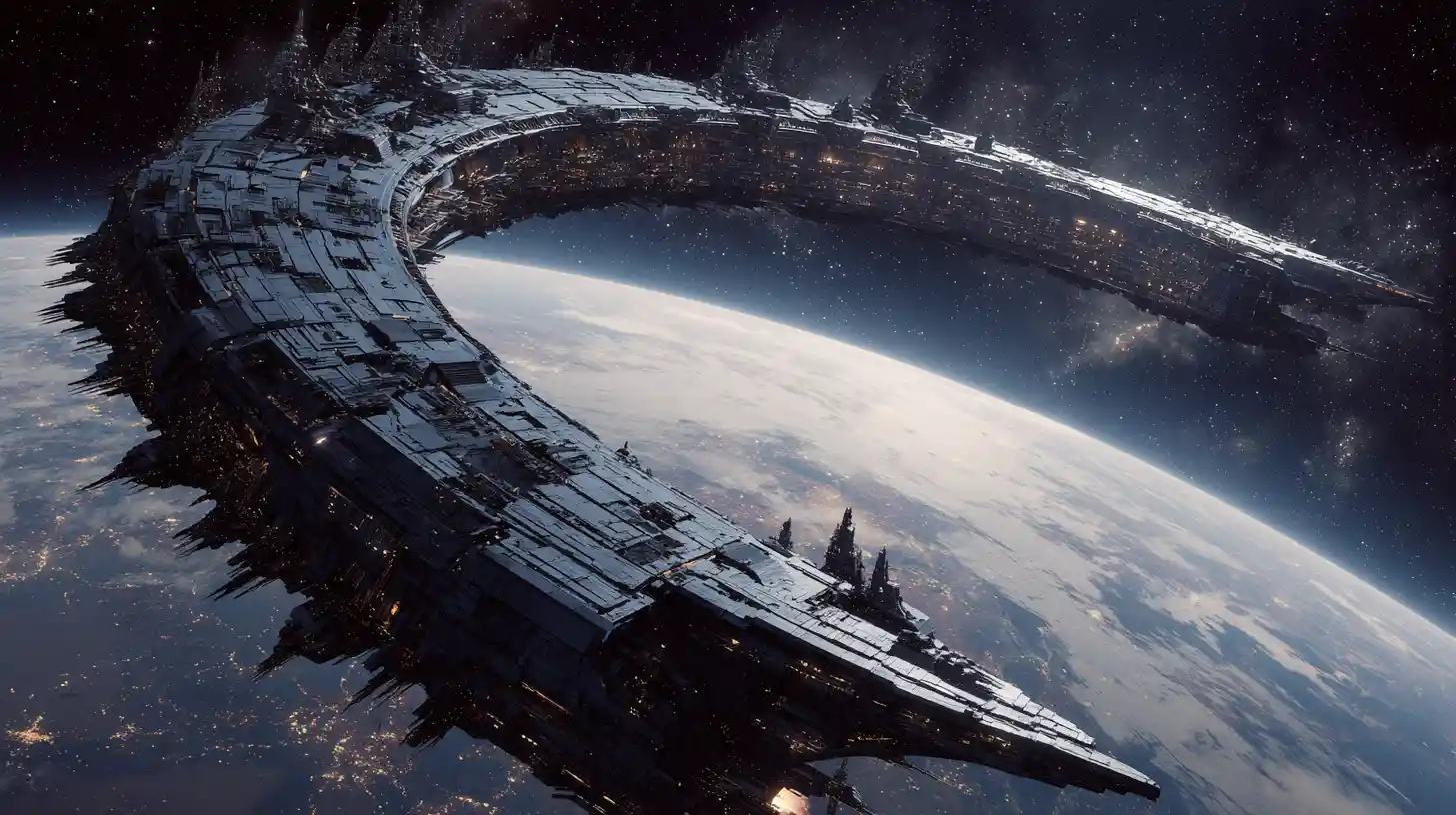 Gigantic horseshoe spaceship firing a planet destroying beam