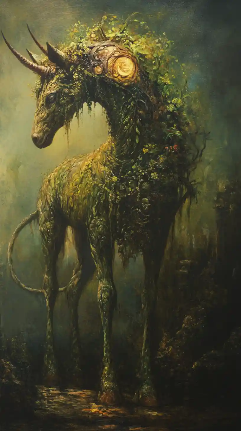 Retrato al óleo surrealista de un misterioso centauro de fantasía