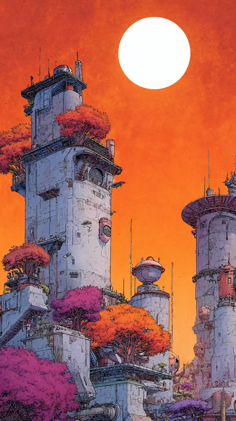 Manga city of towering futuristic buildings and vivid trees