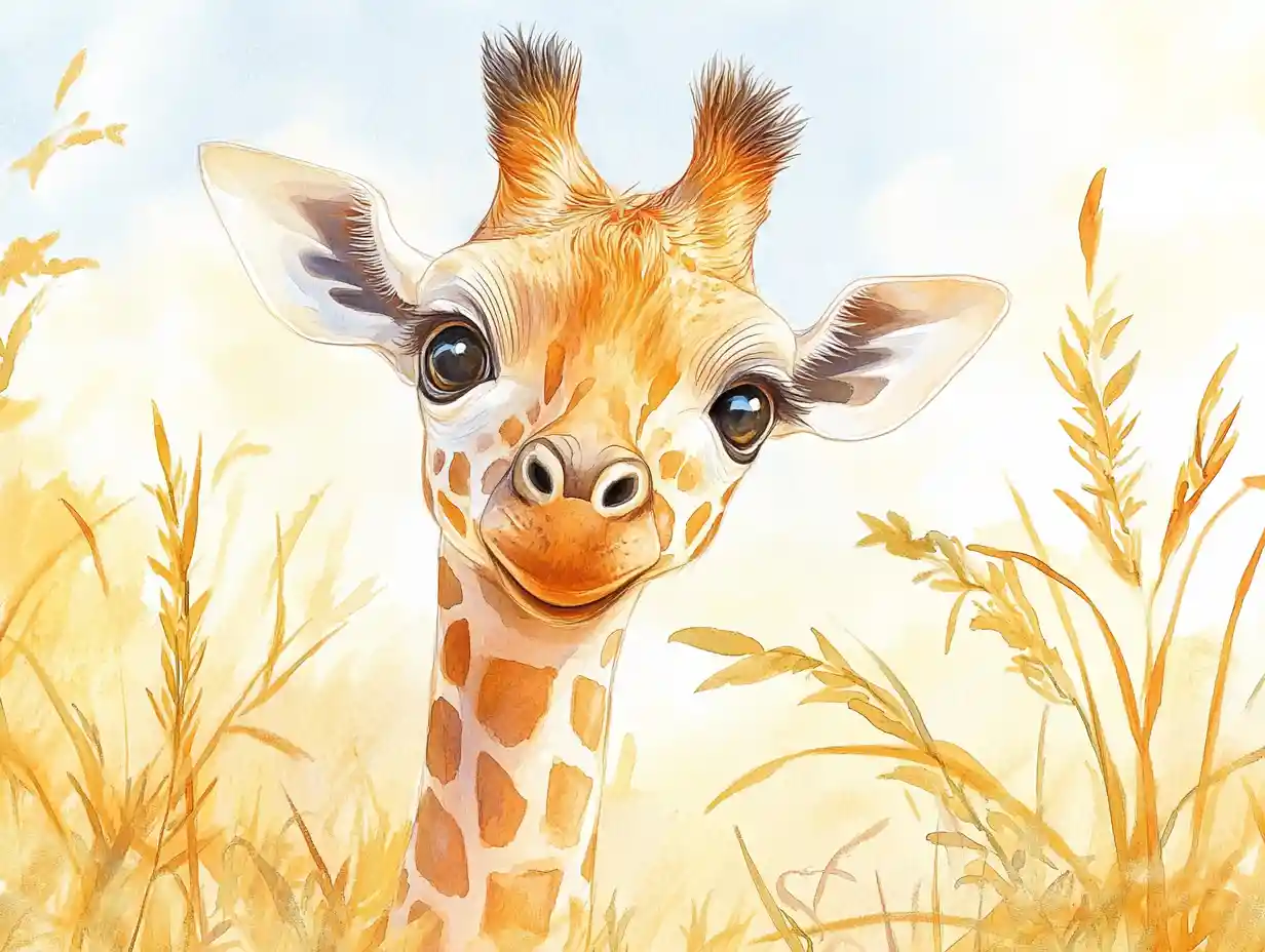 Baby giraffe reaching for acacia leaves at sunrise