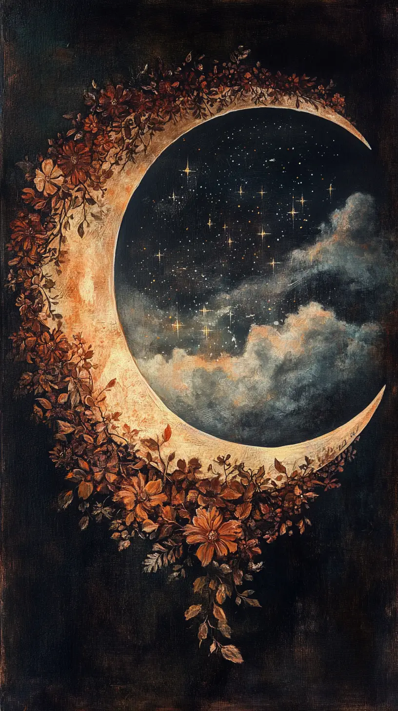Mystical bear spirit crescent moon in celestial floral design