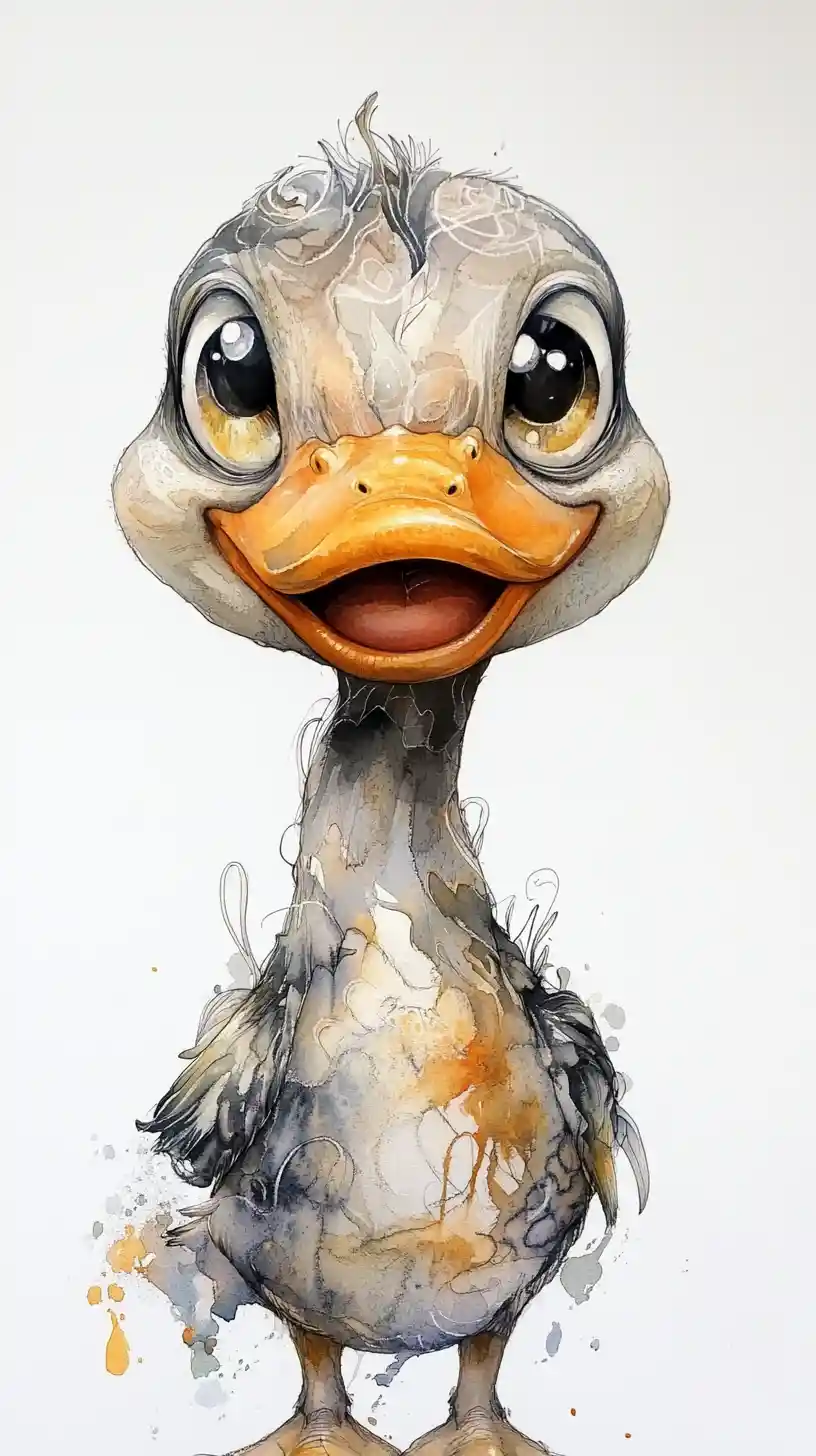 Träumiges Aquarell-Nahaufnahme eines winzigen lächelnden Entchens