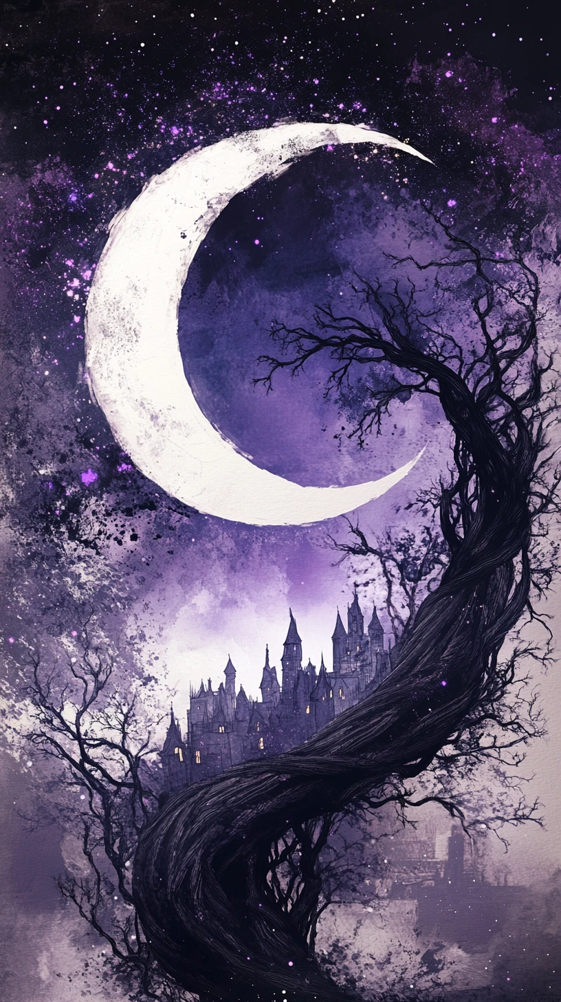 Surreal Crescent World With Gothic Castle And Moonlit Sky