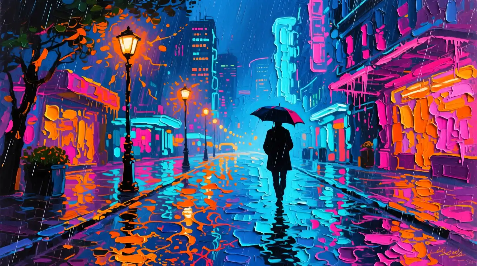 雨夜霓虹城市街道與孤獨雨傘剪影