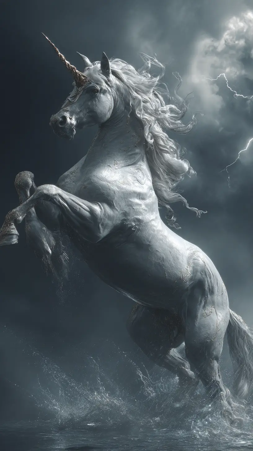 White unicorn rearing defiantly in a stormy fantasy landscape