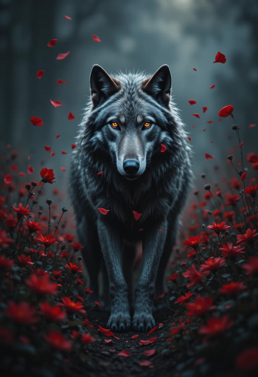 Lobo solitario en un campo carmesí de flores silvestres – retrato