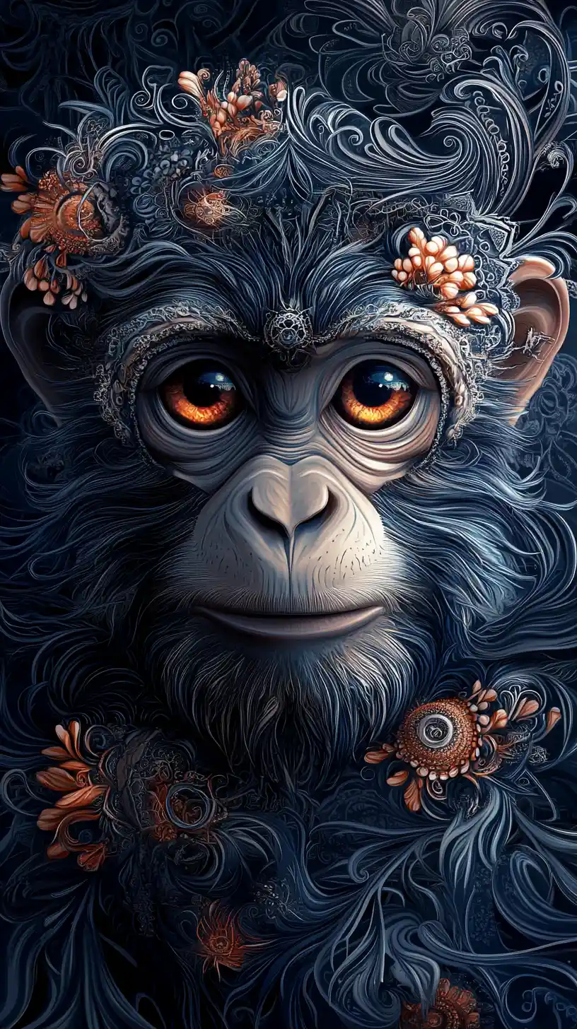 Ilustração surreal de macaco com padrões de mandala metálica ornamentados
